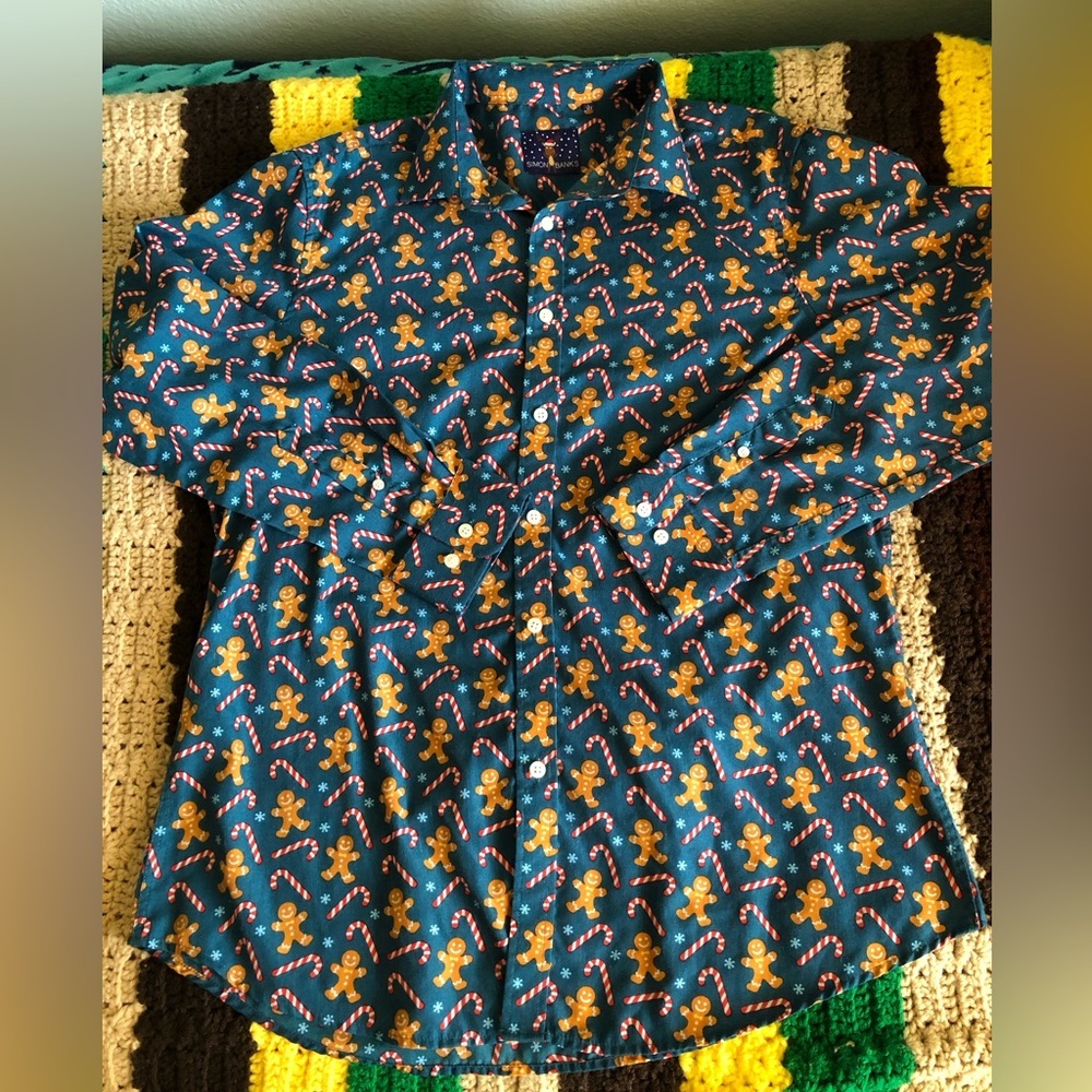 Simon Banks Mens Button Down Large shirt Gingerbread Cookie Candy Canes Teal?